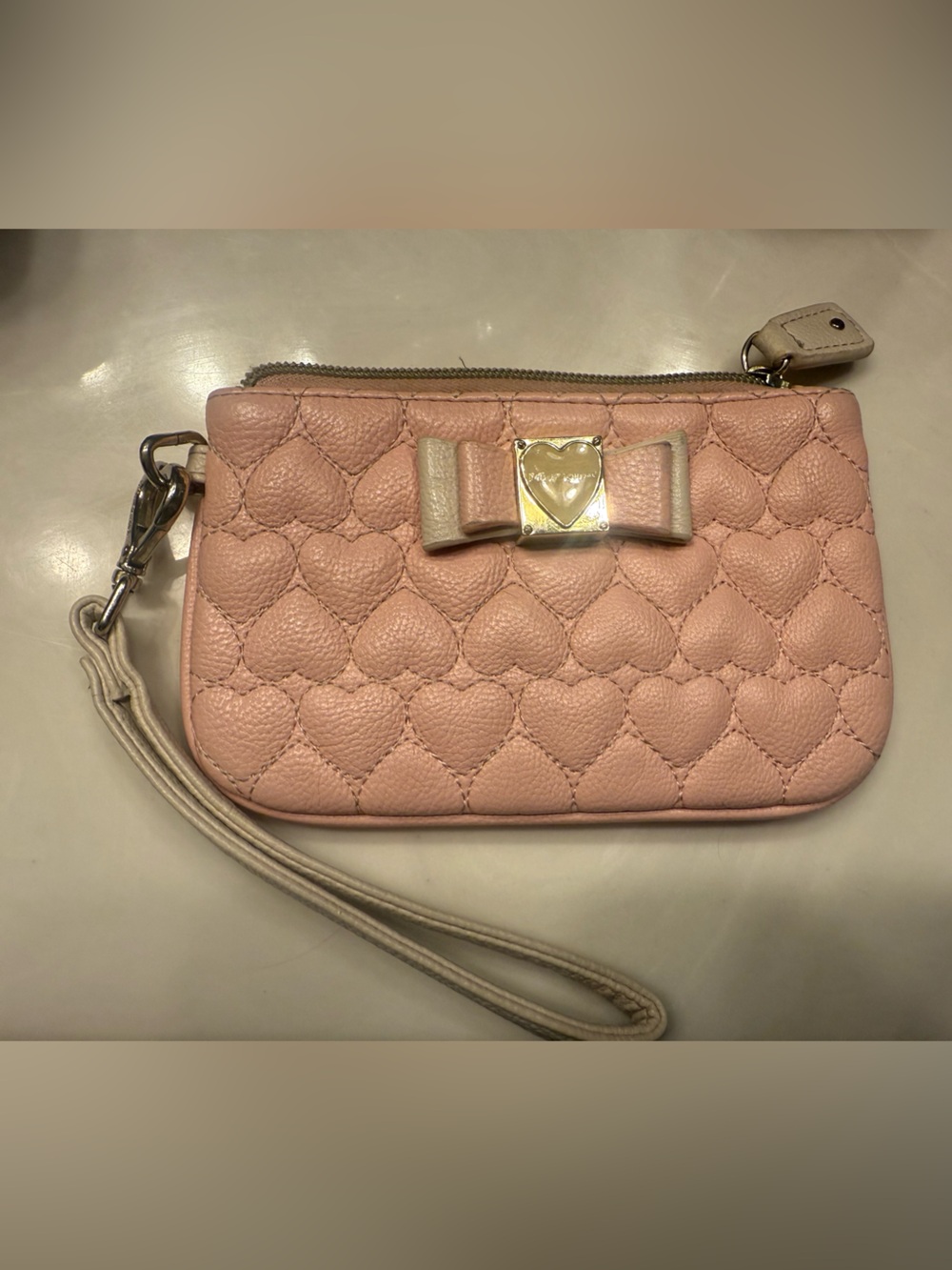 Betsey Johnson Pink Quilted Heart Wristlet with Bow and Heart Plaque